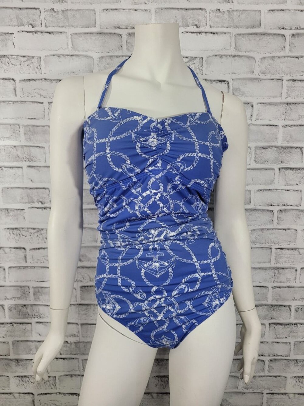 Pristine J McLaughlin Miki Halter One Piece Swim Nautical Blue Cinched Size 14